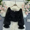 Kvinnors Blus Blå Beskuren Chiffon Top Fashion Spring Summer Square Krage Puff Sleeve Ruffles Korta Kvinna Blusas 210603