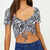 Women Sexy Fashion Chest Drawstring Zebra Pattern Shirts Street Clothes Girls Short Sleeve Chic Tops 210520