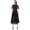 Summer Party Dress Black Mesh Embroidery Long Women Short Sleeve Vintage Elegant Bow Vestidos 210520