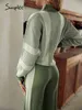 Groene kleur blok strepen tweedelige trui set causale zachte lace up pullover broek elegante herfst fashion trainingspakken 211221