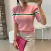 Koreanische Sommer Chic Puff-Ärmeln Frau Oansatz Gestreiften Pullover T-stück Schlank Mode Gestrickte Bodenbildung T-Shirt Eine Größe 210527