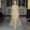 Fashion Designer dress Spring Women's Dress V-neck 3/4 sleeve Gold Line Embroidery Mesh Party Long Dresses 210524