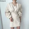 Chic Dress for Women Korean Clothing Robe V-Neck Lantern Sleeve Mini Dresses Slim Waist Elegant Vestidos Mujer 210519