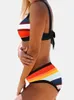 Women Colorful Stripe Print Back String Bikini Backless Swimwear Bathing Suits Striped Swimsuit 210319