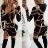 Sexy Deep V-neck Palace Print Bodycon Dress Women Long Sleeve Elegant Party Office Lady Casual Work Mini Dresses 19005