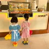 Korean style summer girls plaid short sleeve dresses doll collar cotton bib dress 1-6Y 210615