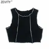 Zevity Women O Neck Bez Rękawów Chic Camis Cysterna Ladies Reverse Lane Design Kamizelka Slim T-shirt Casual Crop Tops LS9176 210603