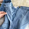 Yaz Kadınlar Vintage Mavi Denim Playsuits Kısa Kollu Kaldırıcılar Bayanlar Günlük Şık Cepler Kot Tulumlar 210715