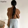 Koreanischen Stil Einfache Elegante Frauen Bluse Chic Stehkragen Kordelzug Design Blusas Lose Zurück Einreiher Shirts 210422