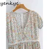 Vintage Çiçek Baskı Rahat Elbise Kadın V Boyun Kısa Kollu Vestido Mujer Pileli Mini Yaz Elbise Tatil Vestido 210430