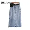 Long Denim Skirt Kvinnor Vintage High Wasit Jeans Kjol med Bälte Plus Storlek Straight A-Line Penna Kjol Elegant Sommar Chic 210730