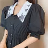 Women Black Embroidery Peter Pan Collar Puff Short Sleeve Double-breasted Empire A-line Mini Dress Summer D2647 210514