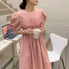 Fashion women's dress summer temperament simple folds waist slimming puff sleeve mid-length for women 210520