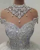 Sparkle Crystal Vestidos Novia 2024 فستان زفاف عالي الرقبة ثياب الزفاف الفاخرة عاجزة عن الخرز الأميرة Robe de Mariee
