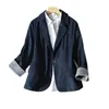 Women's Suits & Blazers Quality Linen Suit Women 2021 Autumn Navy Blue Three-quarter Sleeve Jacket