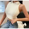 Kobiety Lato Sexy Slim Ubrania Rękawicowy Gorset V-Neck Lapel Top Solid Crop Szycie Krótka Kamizelka Zipper Streetwear 210422