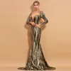 ゴールドイブニングドレス春の長袖ブリンシングスパンコールローブデマレエアセクシーvネックページェントガウン高品質高品質