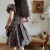 Summer Vintage Women's Strappy Dress Sundresses Robe Short-Sleeved Floral Beach Korean Clothing 210514