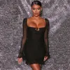 Mesh Ruffles Lace Up Dress Women Long Sleeve Zipper Double Layer Sexy Party Mini Ruched Summer Vestidos 2021 Casual Dresses