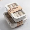 1100ml Hälsosam Material Lunchkasse Vete Halm Japansk stil Bento Boxes Mikrovågsugn Drev Livsmedelsförvaring Container 210925