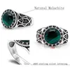 Natural stone pure 925 sterling silver antique Turkish ring, malachite men's agate color punk rock jewelry