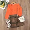 2021 Bébé Filles Vêtements Ensembles Printemps Automne Mode Fille Tenues Orange Manches Longues Col En Dentelle Moka Marron Collège Jupe Costume Enfants Vêtements