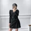 女性パフ長袖ブラックミニドレス秋vネック包帯ハイストリートレディドレスAラインシックなファッションロパミューア210508