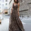 أزياء مثير ليوبارد الخامس الرقبة حبال فساتين ماكسي المرأة الصيف أكمام الشيفون شاطئ طويل رداء قمم اللباس 210323