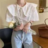 Chic Vintage Shirt Peter Pan Collar Short Sleeves Solid Loose Fashion All Match Casual Streetwear Blouses 210525