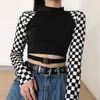 Harajuku esthétique à manches longues Punk gothique Plaid Streetwear printemps femmes Y2k col rond noir T-shirts hauts Vintage vêtements coréens T-Shirt