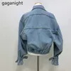 Gaganight Frühling Denim Jacke Frauen Revers Puff Langarm Kurze Outwear Vintage Casual Jean Jacken Denim Mantel Weibliche 210519