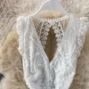 Sexy Deep V-neck White Lace Dress Women Elegant Summer Sleeveless Hollow Out Slim Waist Open Back Bohemian Beach Maxi 210603