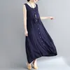 Johnature Summer Cotton Linen Women Dress Vintage Loose Comfortable O-neck Solid Color Plus Size Sleeveless Vest Dress 210521