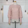 Pink Solid Woman Sweater O-neck Long-sleeve Ball Runway Design Fashion Short Knitted Pullovers Female 210603