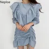 Neploe Chic Women Dress Drawstring Pleated Lace-up Mini Dresses Koreanska Bodycon Robe Spring Ruffle Slim Elegant Klänningar Kvinna 210422