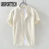 URSPORTTECH Estate Vintage Mens Camicia di Cotone E Lino Allentato Casual Solido Manica Corta Button Top Harajuku Camicetta di Marca 210705