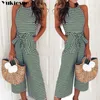 Elegant Sexy Jumpsuits Women Sleeveless Striped Jumpsuit Loose Trousers Wide Leg Pants Rompers Holiday Belted Leotard Overalls 210608