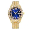 Most Popular Iced Out Blue Dial Watch Full Diamond Crystal Quartz Analog Wristwatch For Gift