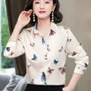 Koreanska Silkskjortor Kvinnor Långärmad Kvinna Satin Print Bloses Toppar Plus Storlek Camisas de Mujer Elegantes Ladies 210427