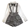 Sweet Bow Pearl Chiffon White Blouse Shirt+Plaid Wool Suspender Short Set 2 Piece Outfits For Women Summer Top Wide Leg Pant Set X0428