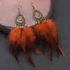 Ethnique marron longues plumes boucles d'oreilles pour femmes rétro creux alliage goutte d'eau balancent boucle d'oreille Bijoux bohème Bijoux boucle oreille femme
