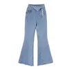 Women Denim Pants Flare Button Full Length Casual Asymmetrical Blue P0036 210514