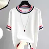 Verão Casual Slim O-Neck Knitwear Tops 2021 Novo Estilo Coreano Tee Feminino Moda Stripe Manga Curta T-shirt das Mulheres Y0621