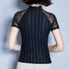 Mode femmes t-shirt dames hauts coréen été à manches courtes haut pour femmes chemises grande taille rayé à volants noir chemise 210527