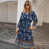 women spring summer dress Bohemian holiday style floral printed with long sleeves O-neck 210524