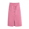 Mode med fickor Tweed Check Midi Skirt Kvinnor Vintage High Waist Front Slit Button Kvinna s Mujer 210430