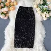 Women Sequins Pencil Skirts Korean Elegant Mid Length Bodycon Jupe Spring Sexy Femme Trend High Waist Slim Shinny Skirt 210430