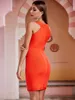 Women Sexy Designer V Neck Orange Bandage Dress Evening Celebrity Mini Chic Party Vestido 210527