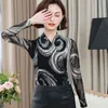 Casual Long Sleeve Lace Blouse Slim Print Höstkläder Blusas Mujer de MODA Sexy V-Neck Mesh Toppar 6085 50 210521