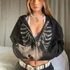 Rhinestone Skeleton 2021 Summer Zip Up Oversized Hoodie Goth Women Grunge Hooded Jacket Streetwear Retro Sweat